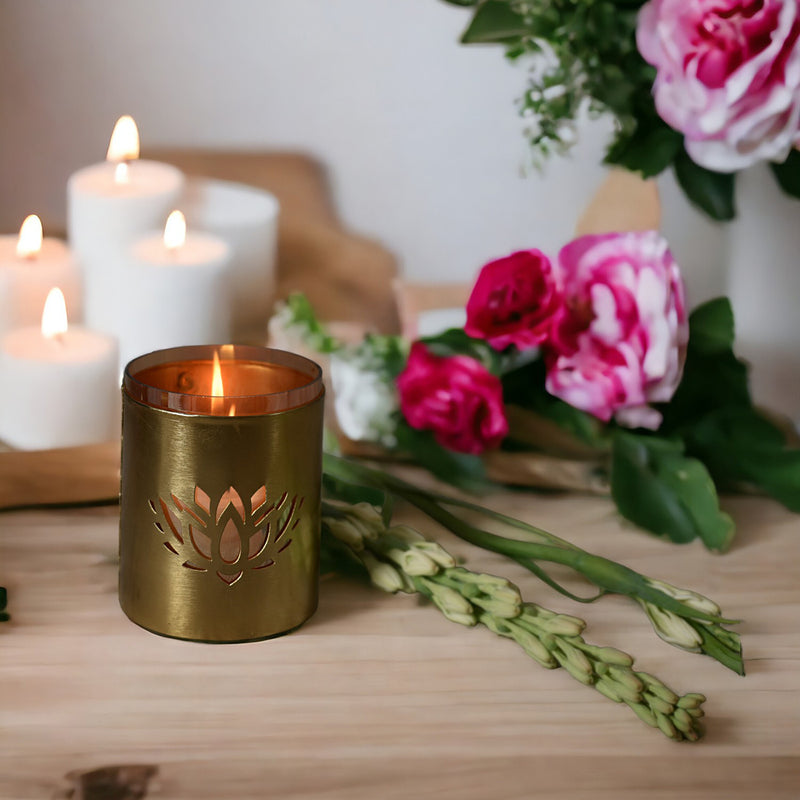 Gold Finish Lotus Pillar Candle Holder.