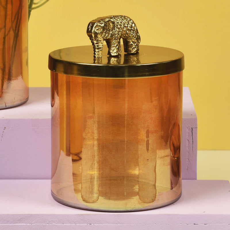 Elephant Lustre Glass Jaar with Shaam Tray | Gold Finish