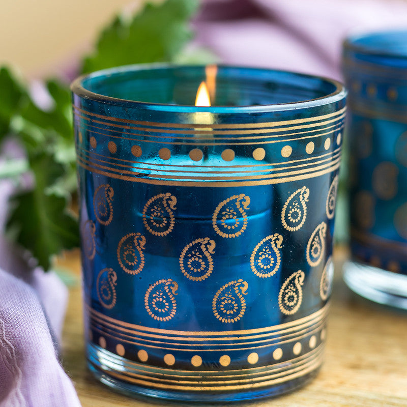 Gayatri Mantra Gift Box Hamper | Loban | Two Blue Glass Votives | Set of 3