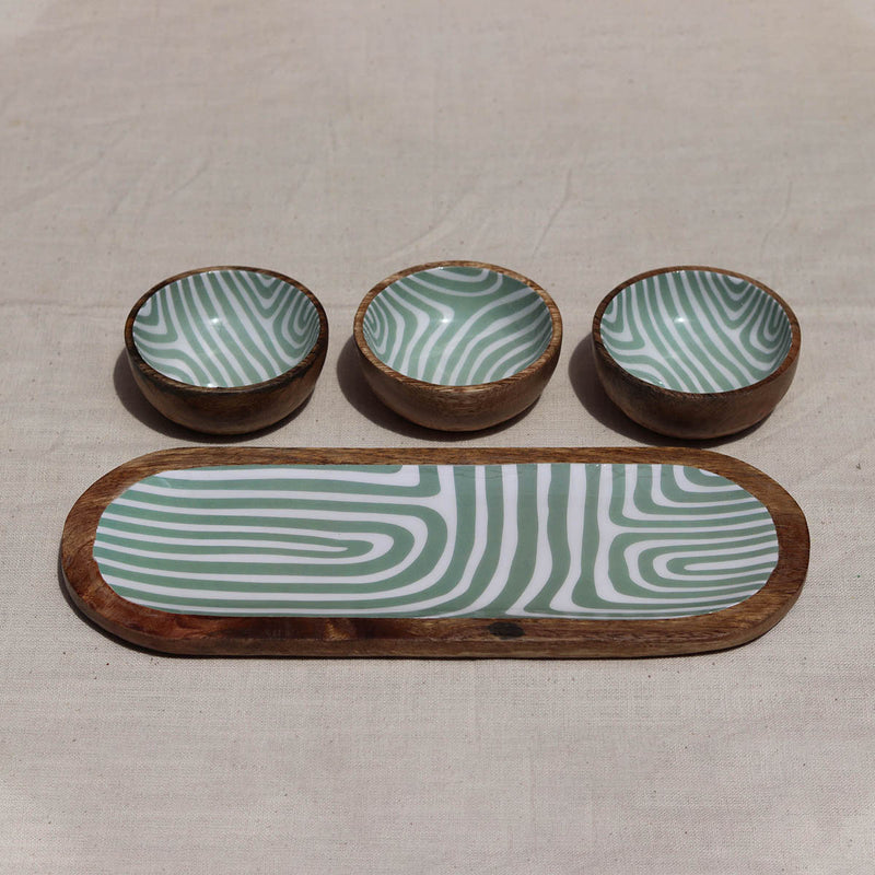 Wooden Serving Platter | Mango Wood | Green | 13 inches | Set of 4
