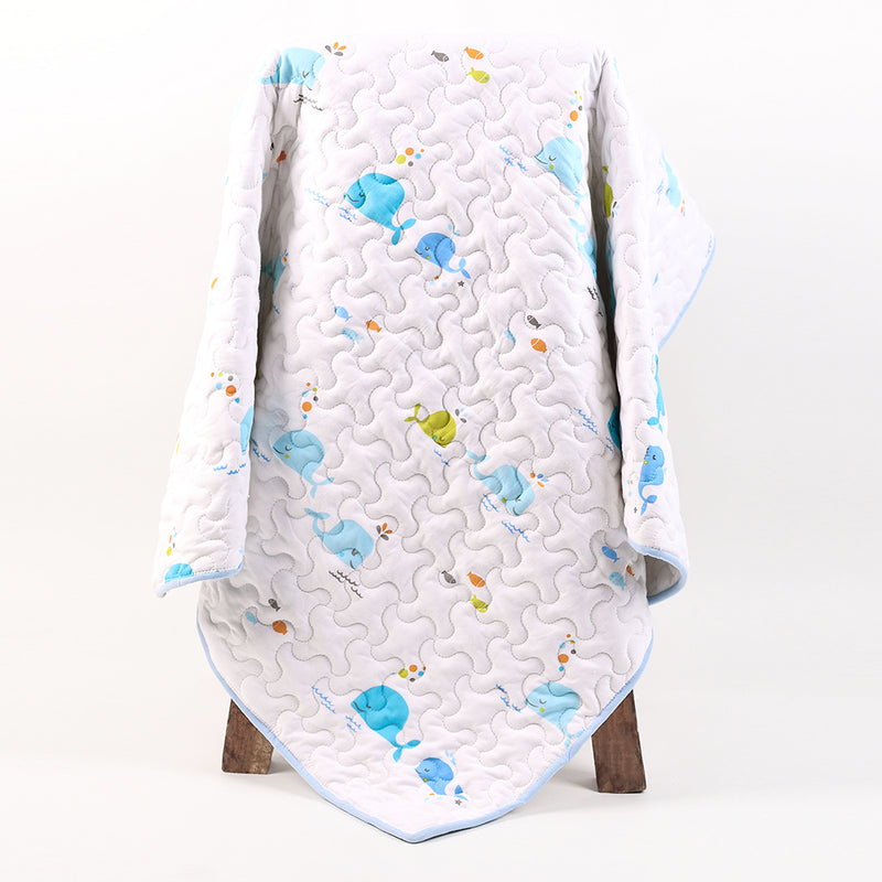 Organic Cotton Baby Quilt | Muslin Blanket for Baby | Blue Whale Print.