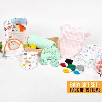 Newborn Baby Gifts | Organic Cotton Muslin Gift Hamper | Pack of 19.