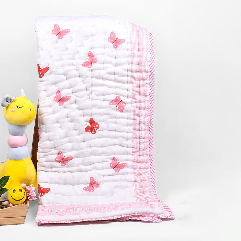 Organic Cotton Baby Quilt | Pink | Butterfly Print.