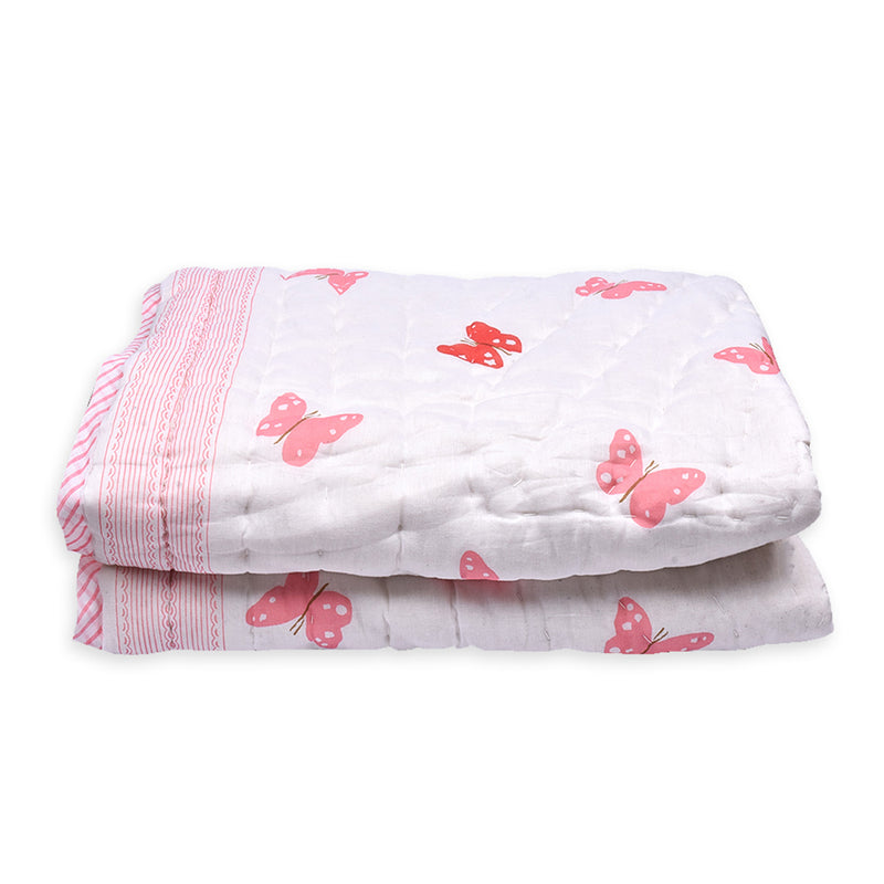 Organic Cotton Baby Quilt | Pink | Butterfly Print.