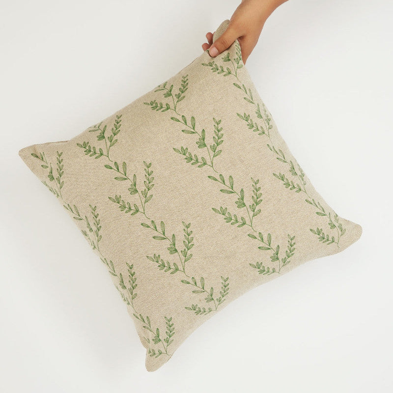 Mistletoe Cotton Cushion Cover | Beige & Olive | 16x16 Inches