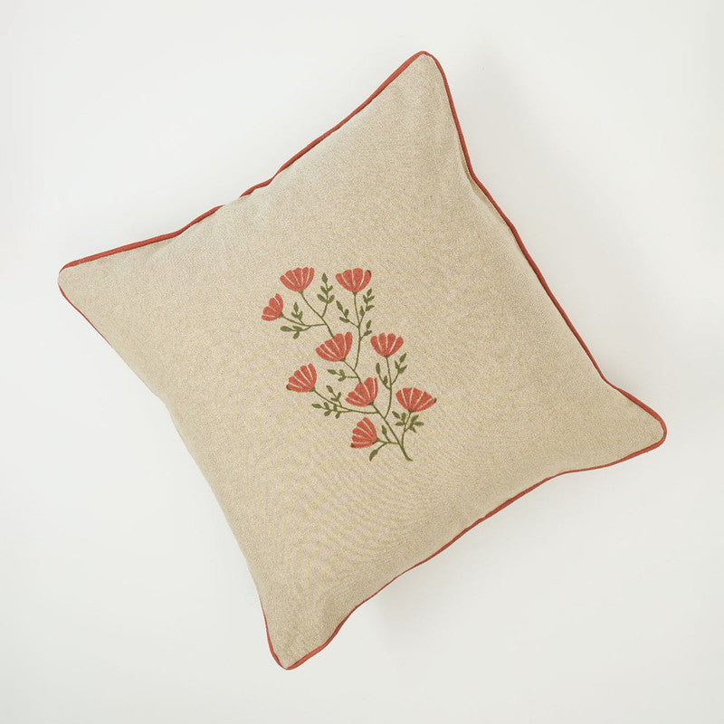 Peony Cotton Cushion Cover | Beige & Pink | 18x18 Inches