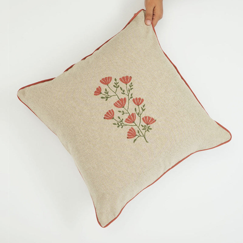 Peony Cotton Cushion Cover | Beige & Pink | 18x18 Inches