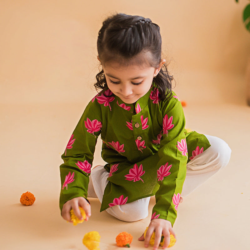 Boys Kurta Pajama | Cambric Cotton | Floral Print | Dark Green.