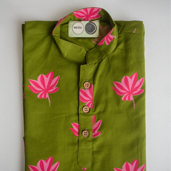 Boys Kurta Pajama | Cambric Cotton | Floral Print | Dark Green.