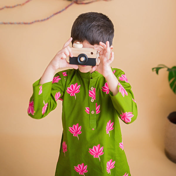 Boys Kurta Pajama | Cambric Cotton | Floral Print | Dark Green.