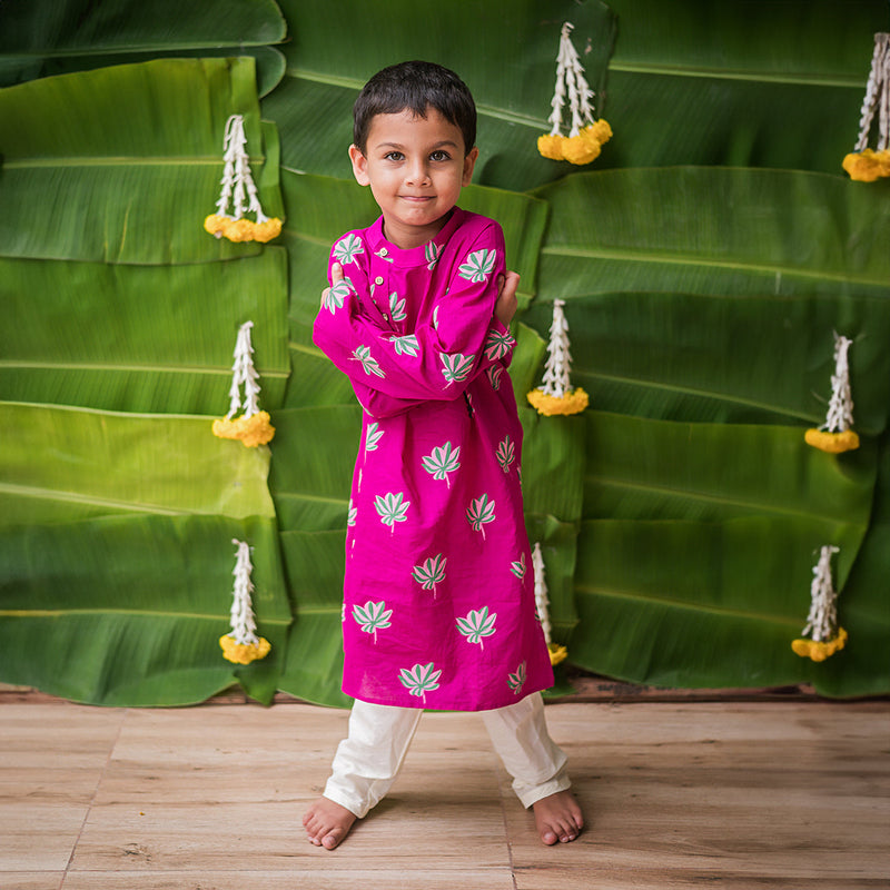 Boys Cotton Kurta Pajama | Lotus Print | Magenta.