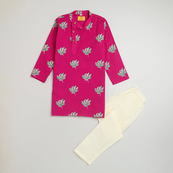 Boys Cotton Kurta Pajama | Lotus Print | Magenta.