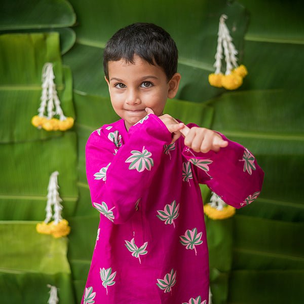 Boys Cotton Kurta Pajama | Lotus Print | Magenta