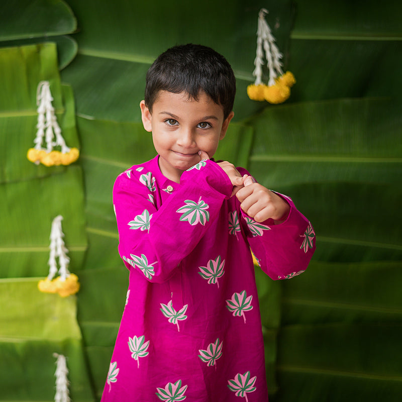 Boys Cotton Kurta Pajama | Lotus Print | Magenta.