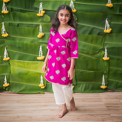 Girls Cotton Kurta Pajama | Lotus Print | Magenta