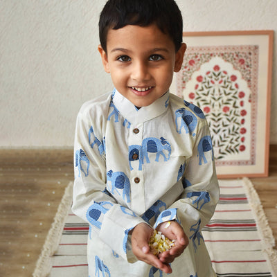 Kids Kurta Pajama | Cambric Cotton | Elephant Print | White.