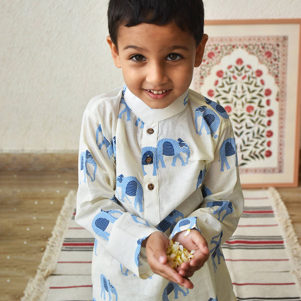 Kids Kurta Pajama | Cambric Cotton | Elephant Print | White