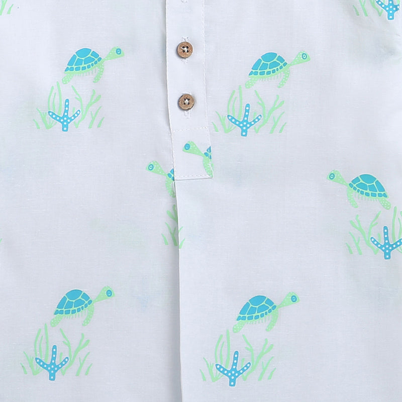 Cotton Night Suit for Kids | Turtle Design | White