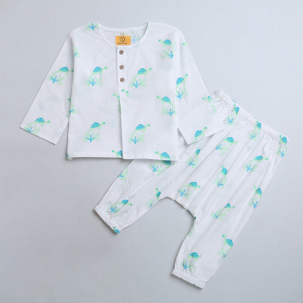 Cotton Night Suit for Kids | Turtle Design | White