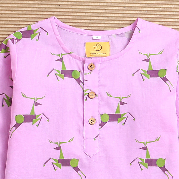 Kids Kurta Pajama Set | Cambric Cotton | Deer Print | Lavender Purple