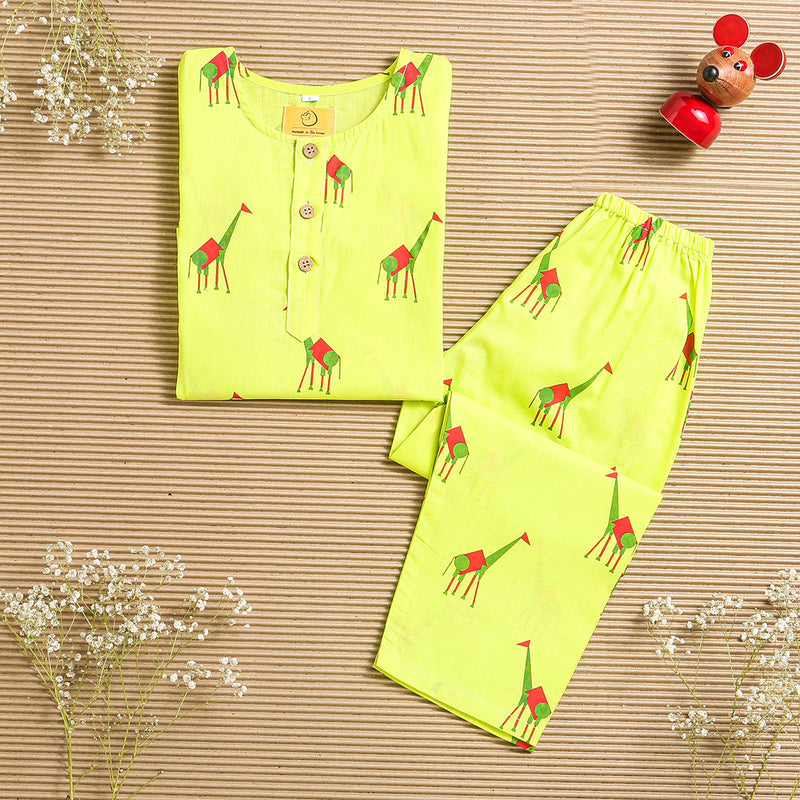 Kids Kurta Pajama Set | Cambric Cotton | Deer Print | Light Yellow