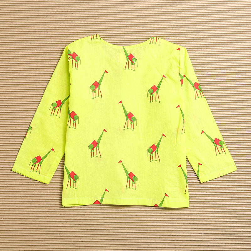 Kids Kurta Pajama Set | Cambric Cotton | Deer Print | Light Yellow