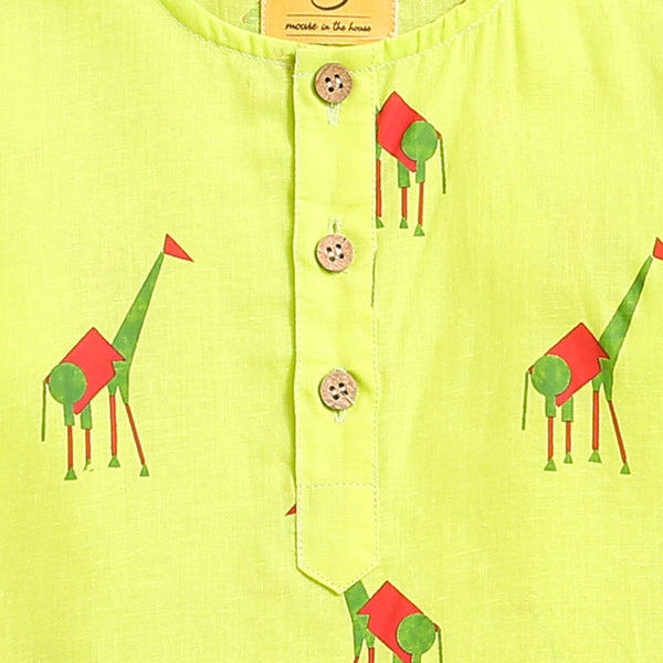 Kids Kurta Pajama Set | Cambric Cotton | Deer Print | Light Yellow