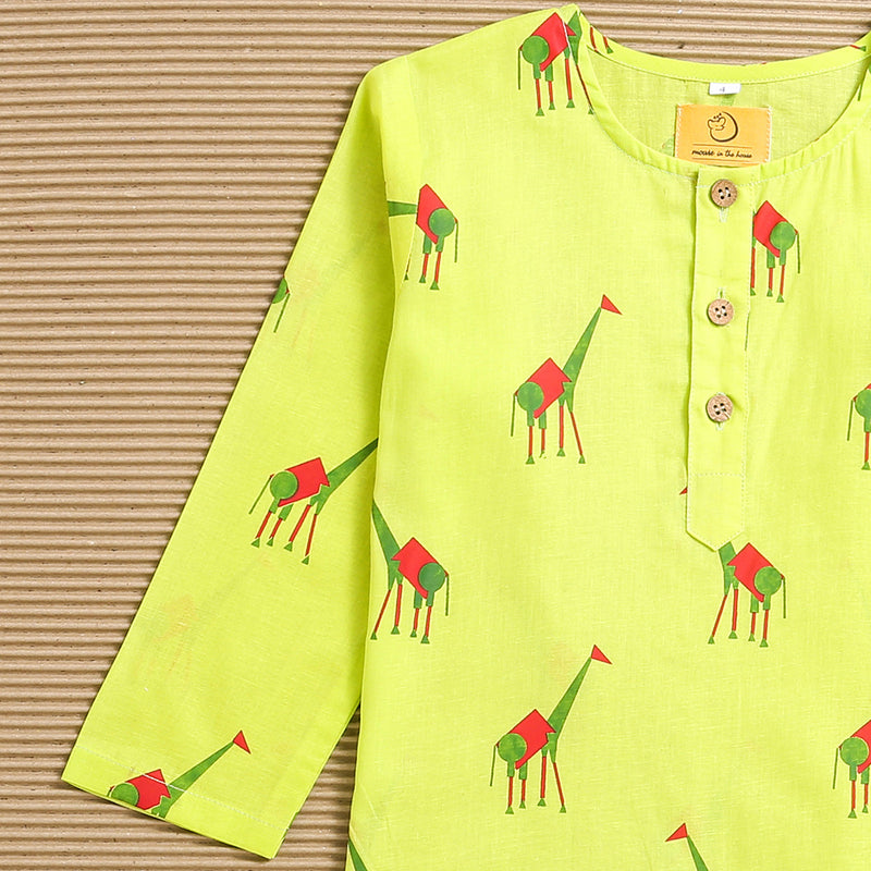 Kids Kurta Pajama Set | Cambric Cotton | Deer Print | Light Yellow