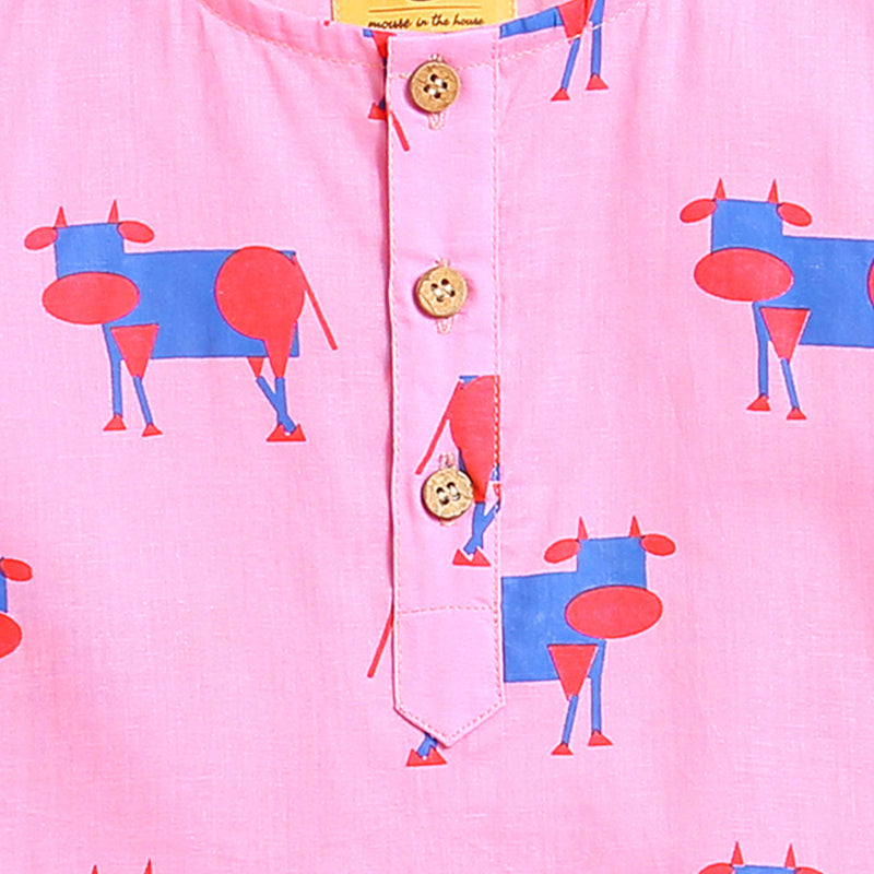Kids Kurta Pajama Set | Cambric Cotton | Cow Print | Light Green