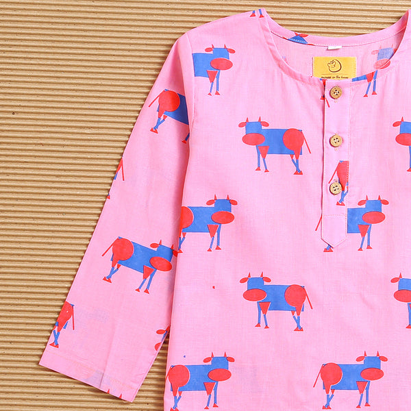Kids Kurta Pajama Set | Cambric Cotton | Cow Print | Light Green