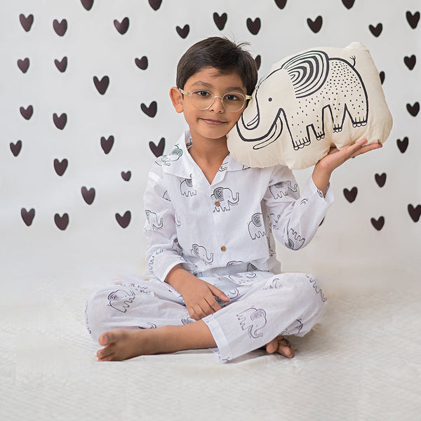 Cotton Night Suit for Kids | Elephant Design | White & Black