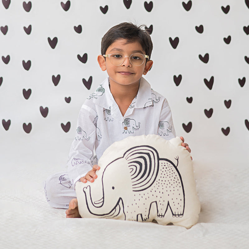 Cotton Night Suit for Kids | Elephant Design | White & Black