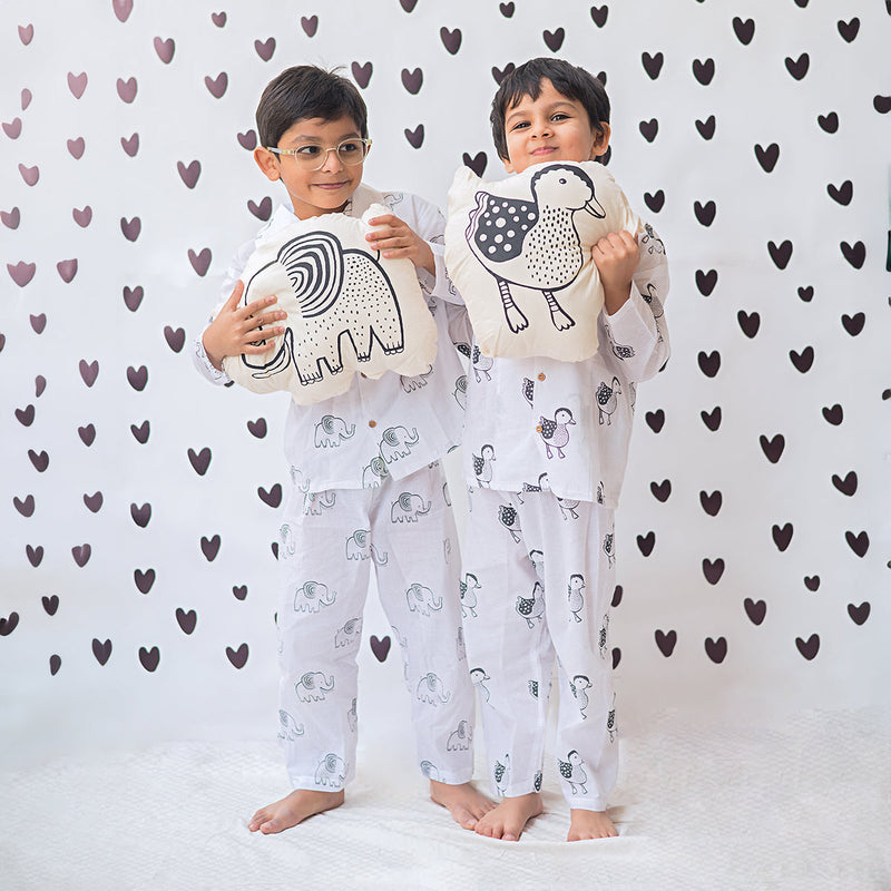 Cotton Night Suit for Kids | Elephant Design | White & Black