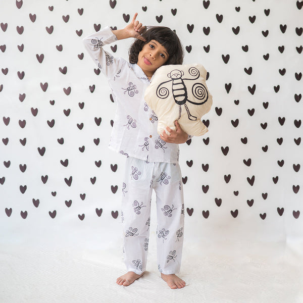 Cotton Night Suit for Kids | Monkey Design | White & Black