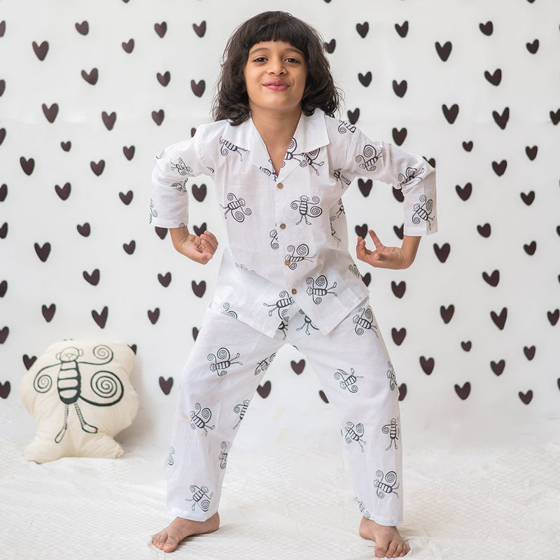 Cotton Night Suit for Kids | Monkey Design | White & Black