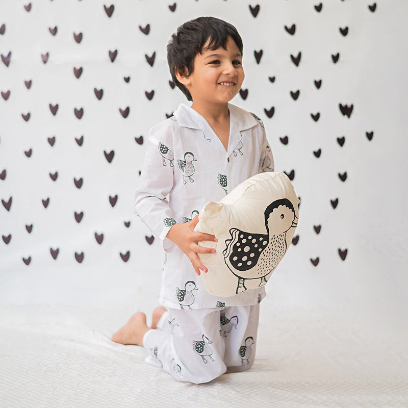 Cotton Night Suit for Kids | Duck Design | White & Black