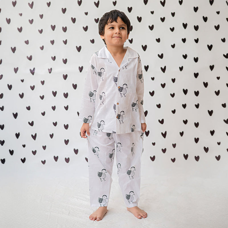 Cotton Night Suit for Kids | Duck Design | White & Black