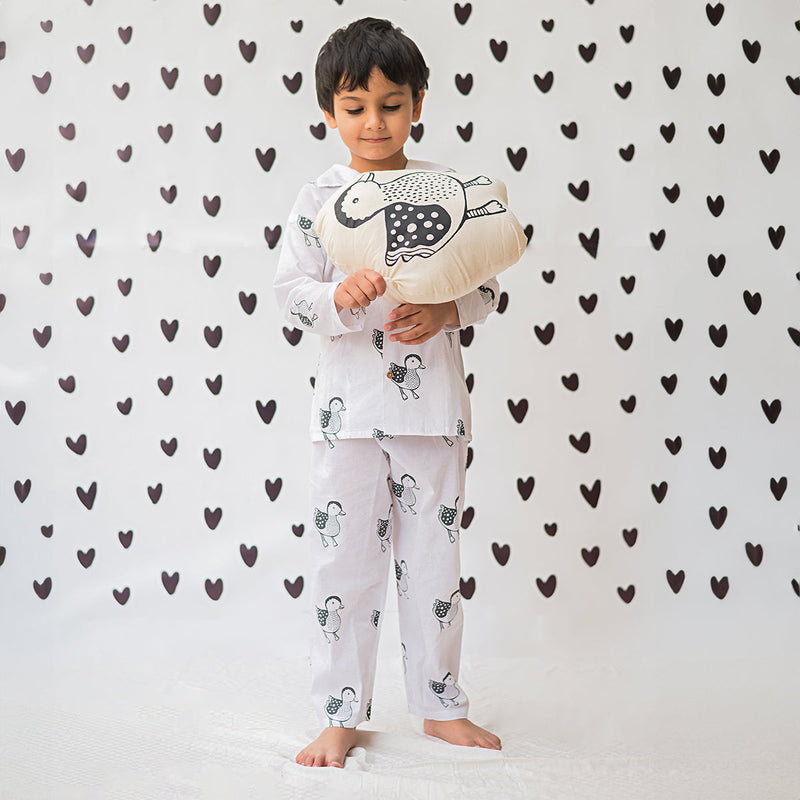 Cotton Night Suit for Kids | Duck Design | White & Black