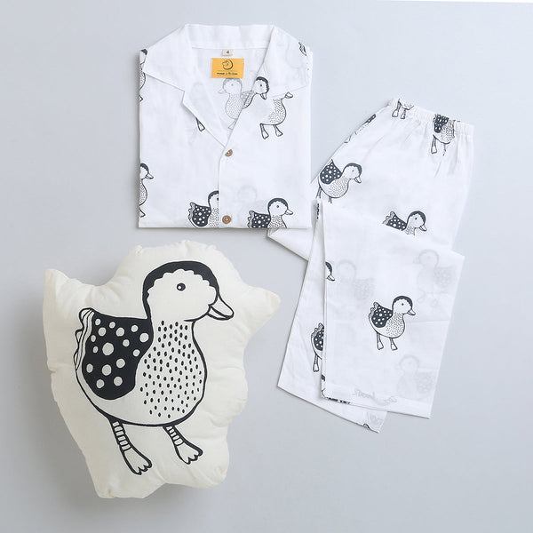 Cotton Night Suit for Kids | Duck Design | White & Black