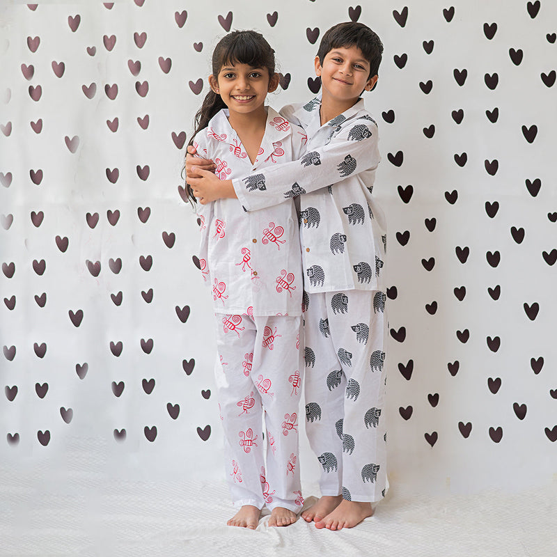 Cotton Night Suit for Kids | Bear Design | White & Black