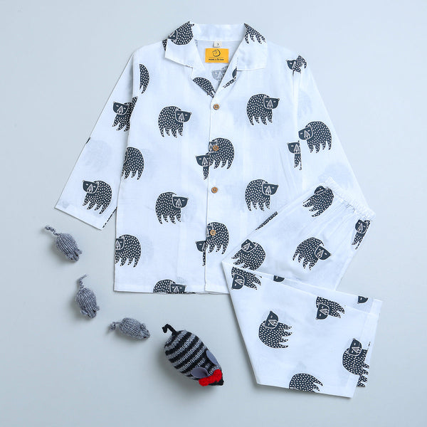 Cotton Night Suit for Kids | Bear Design | White & Black