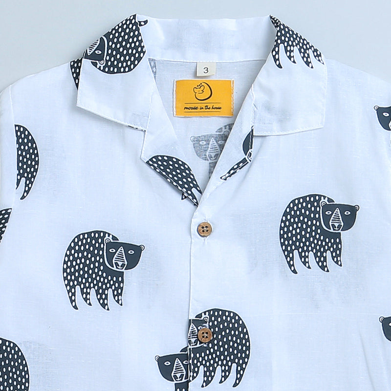 Cotton Night Suit for Kids | Bear Design | White & Black
