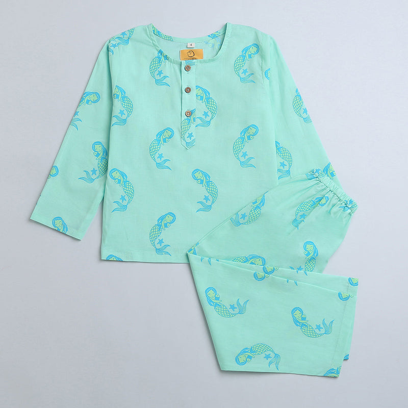 Cotton Night Suit for Kids | Mermaid Design | Sea Blue.