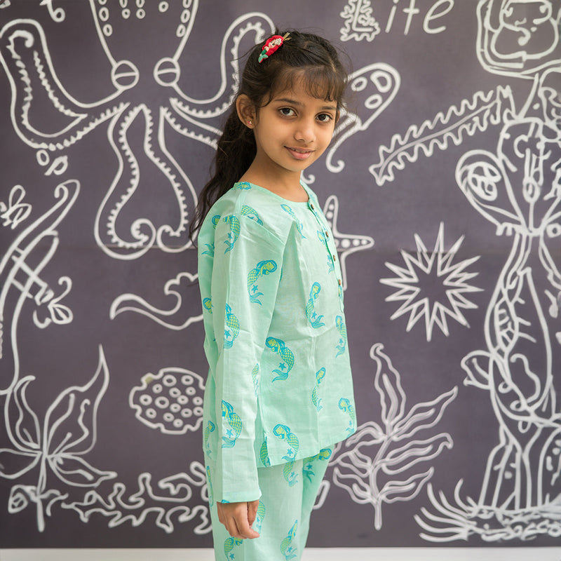 Cotton Night Suit for Kids | Mermaid Design | Sea Blue.