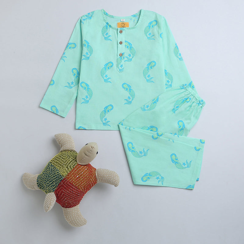 Cotton Night Suit for Kids | Mermaid Design | Sea Blue.