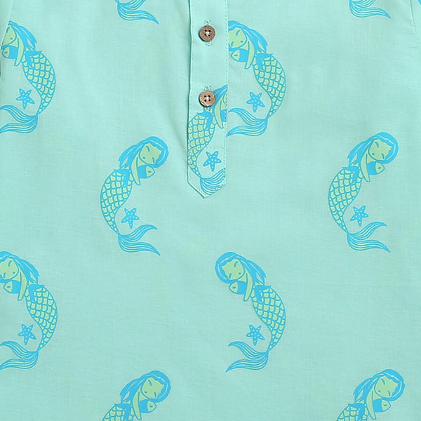 Cotton Night Suit for Kids | Mermaid Design | Sea Blue