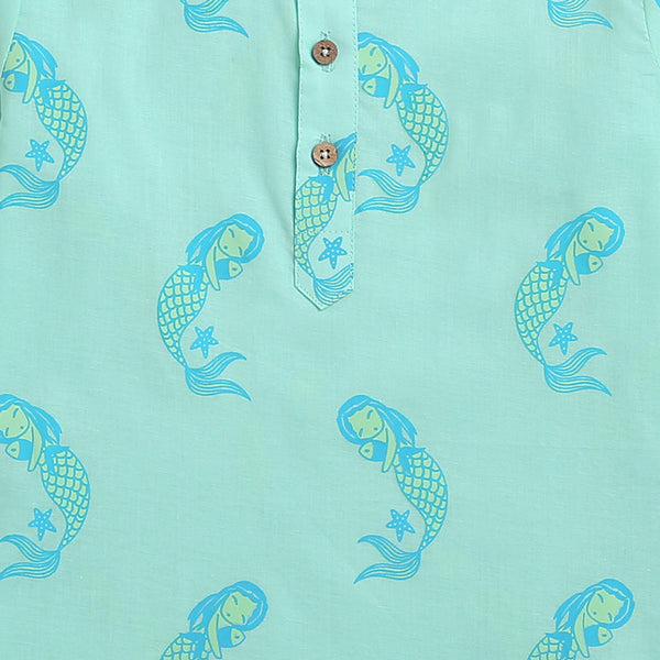 Cotton Night Suit for Kids | Mermaid Design | Sea Blue.