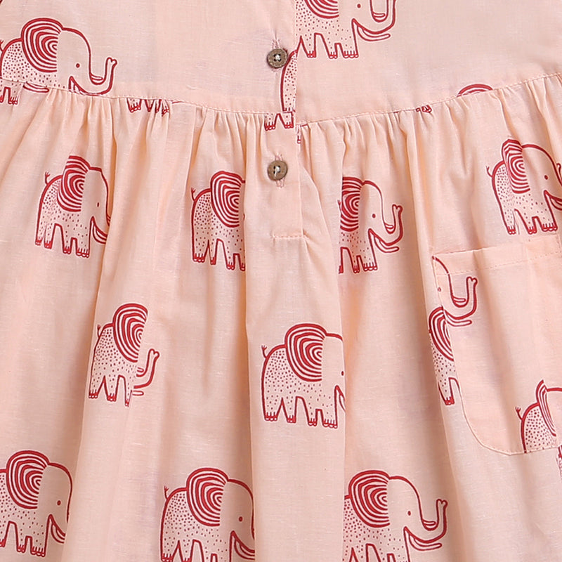 Cambric Cotton Dress for Girls | Elephant Design | Light Peach