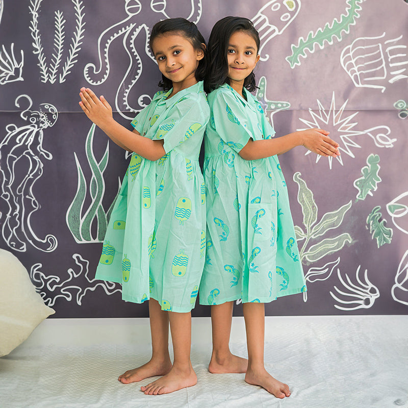 Cambric Cotton Dress for Girls | Fish Design | Sea Blue