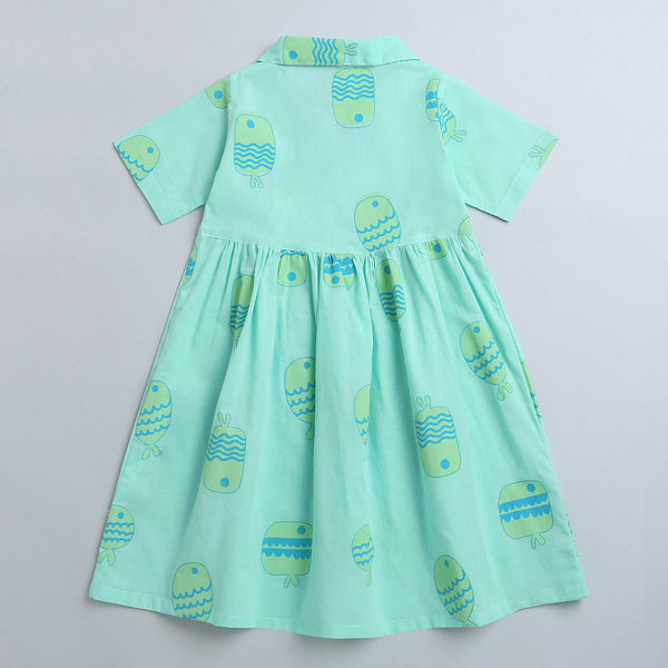 Cambric Cotton Dress for Girls | Fish Design | Sea Blue